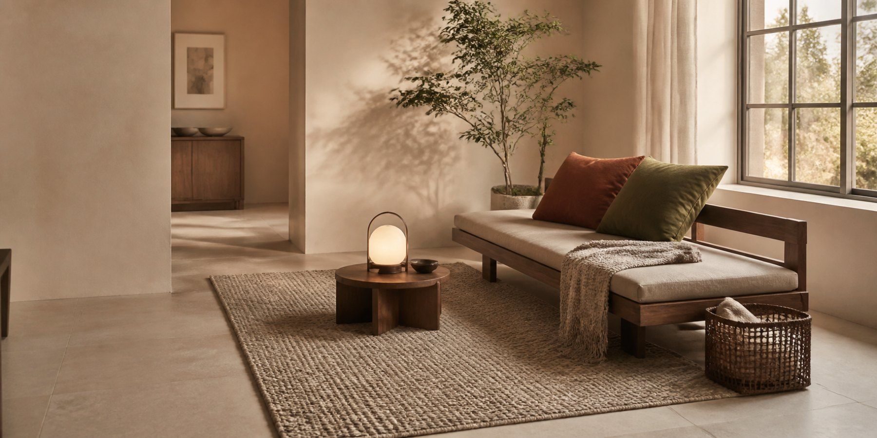 Warm living room with clear walking space